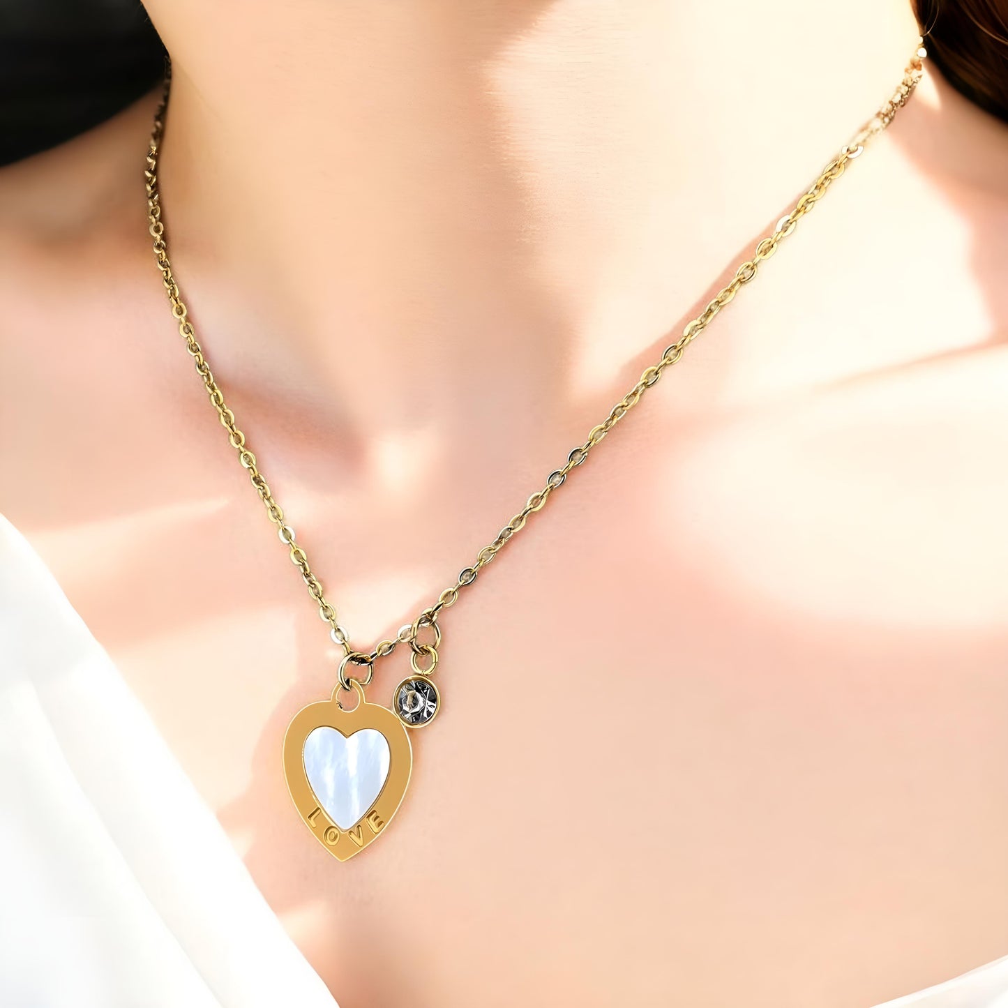 Golden Heart Love Pendant Necklace with Mother of Pearl & Crystal Charm