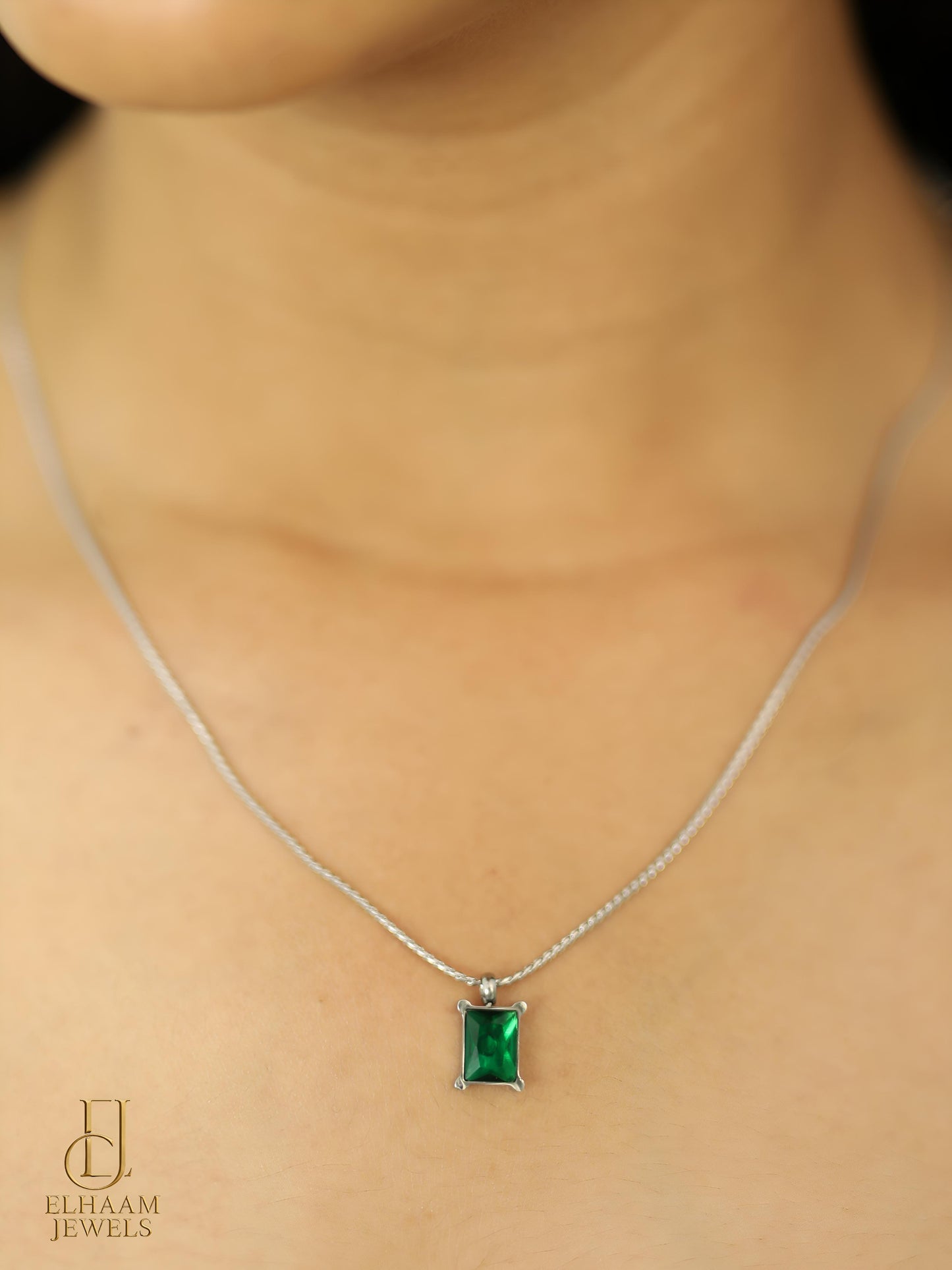 Emerald Green Stone Silver-Plated Pendant Necklace