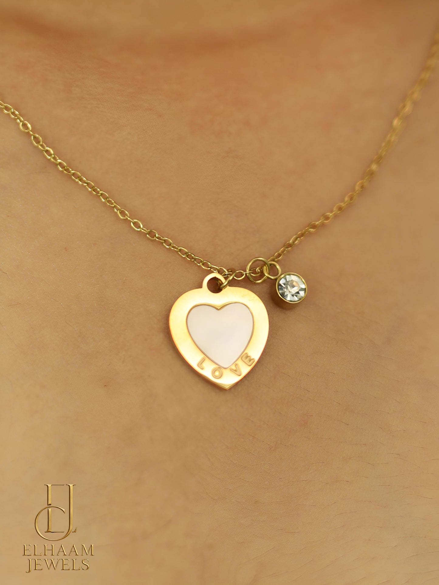 Golden Heart Love Pendant Necklace with Mother of Pearl & Crystal Charm