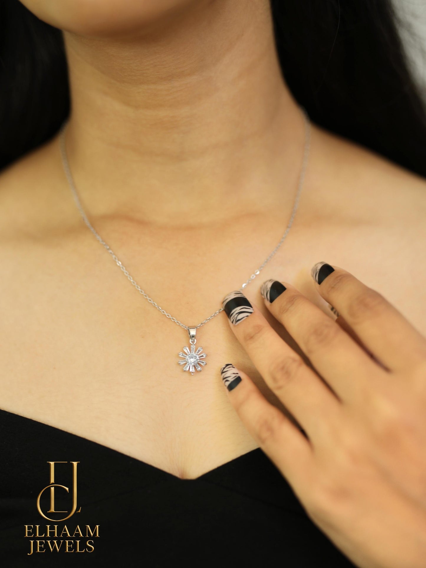 Silver Starburst Pendant Necklace set with Earrings