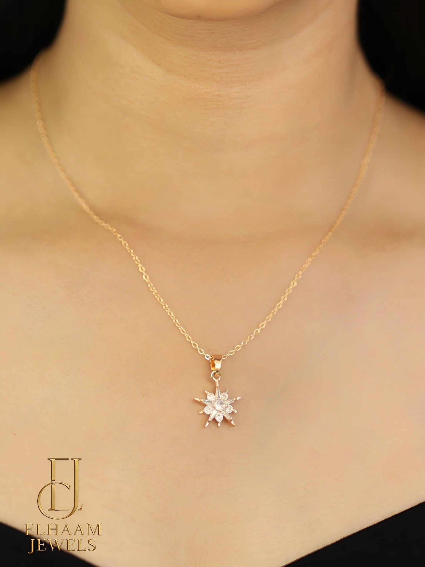Golden Starburst Pendant Necklace set with Earrings