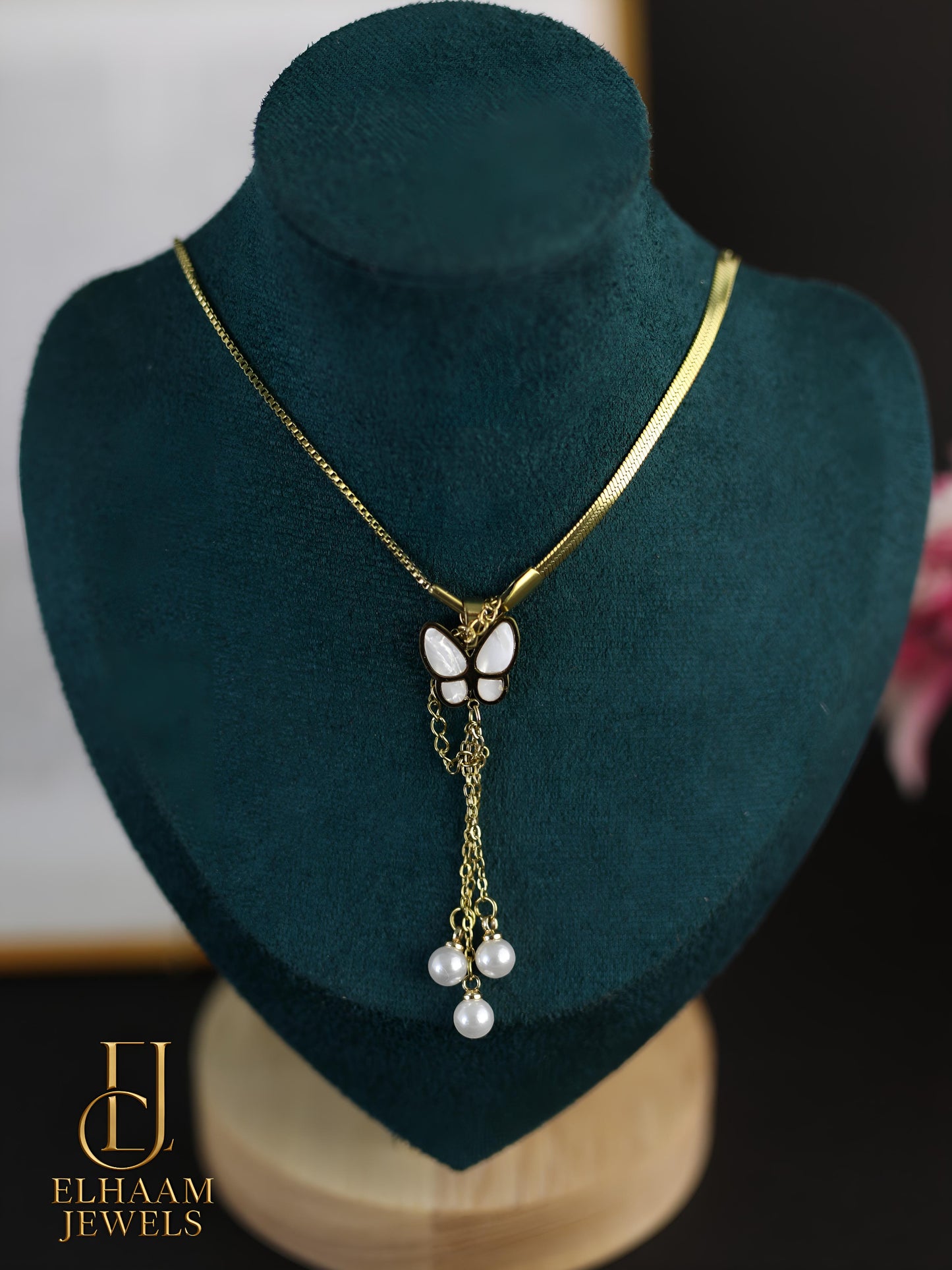 Butterfly Pearl Drop Golden Necklace (18K Gold Plated)