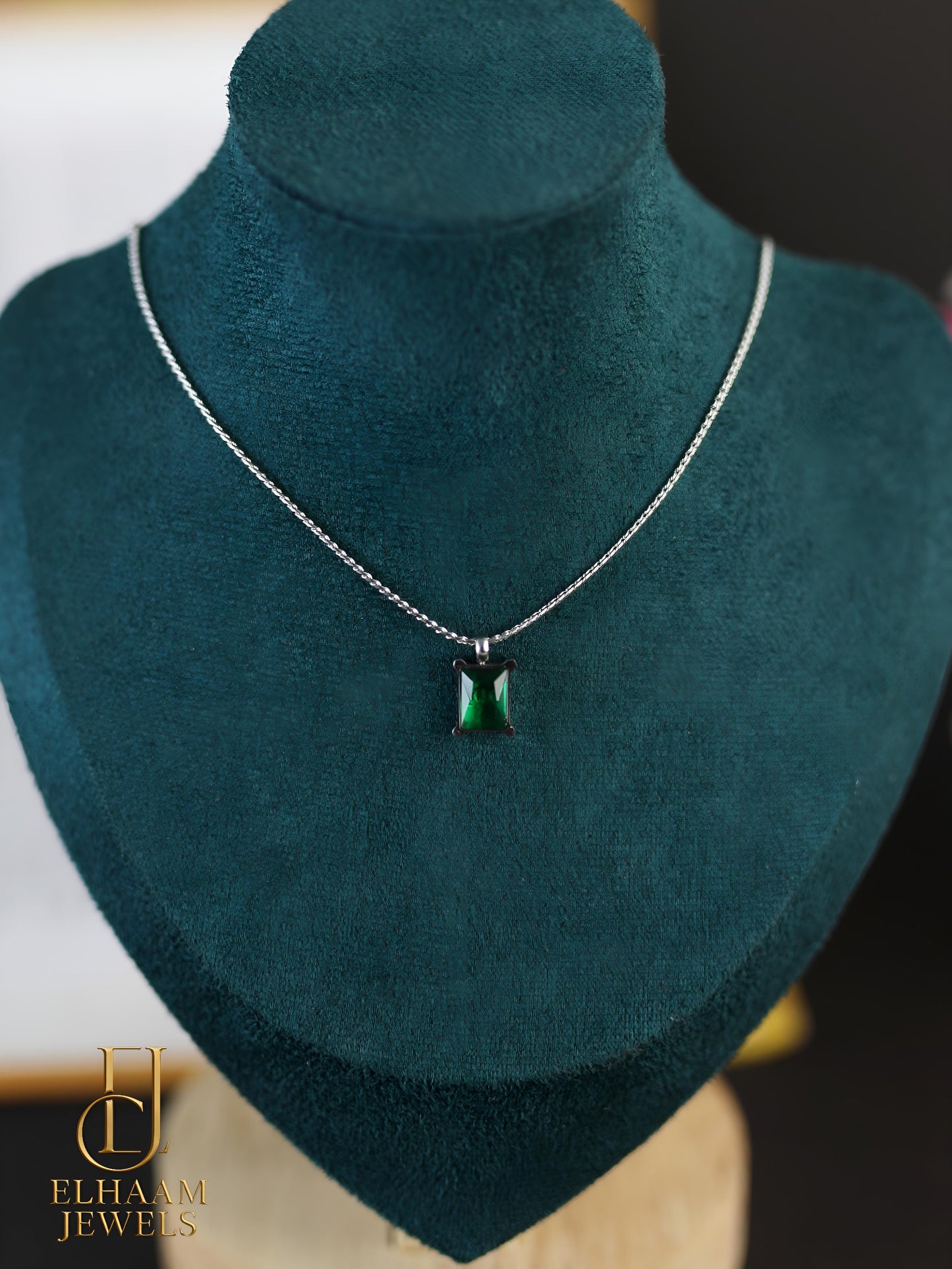 Emerald Green Stone Silver-Plated Pendant Necklace