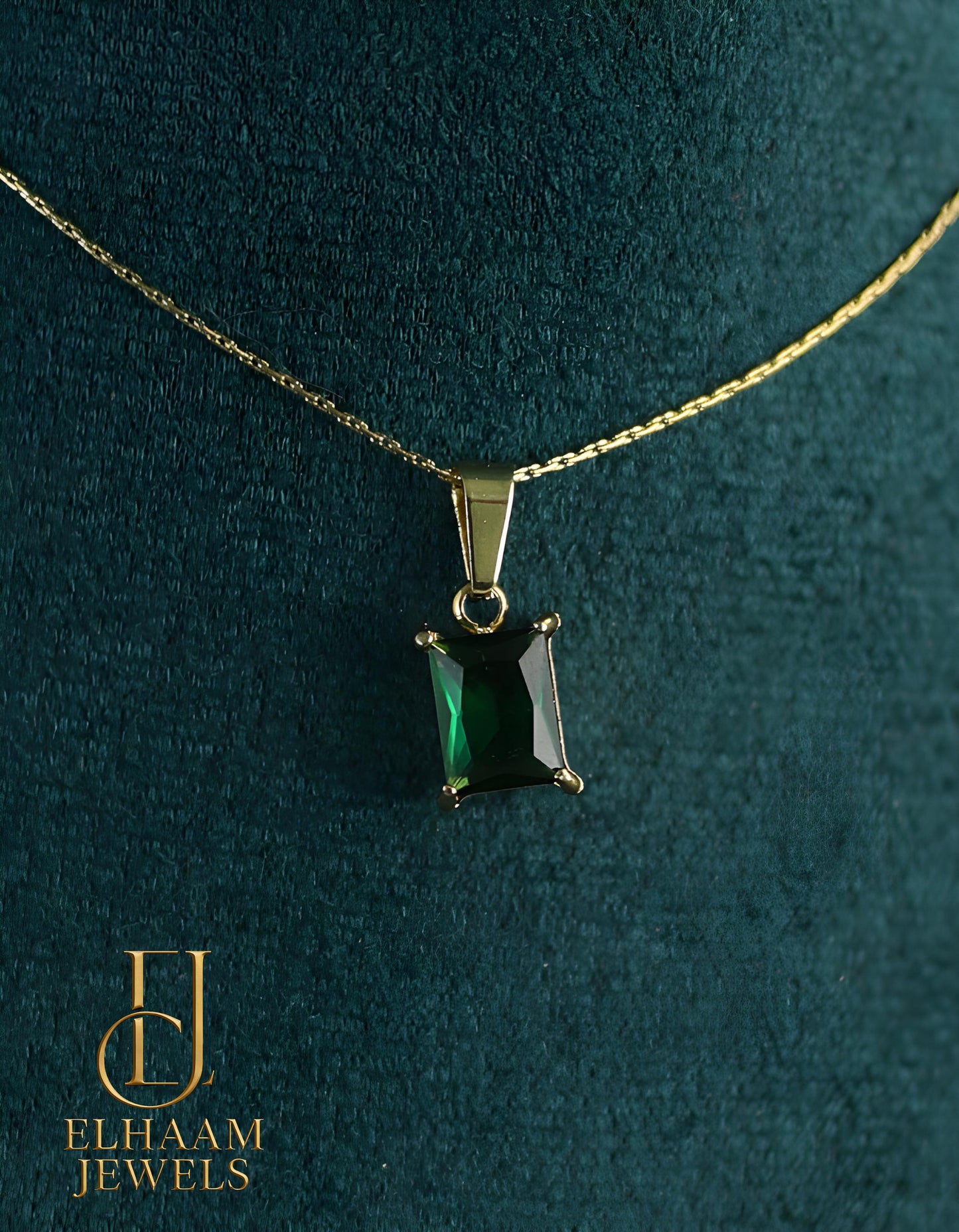 Emerald Cut Green Stone Pendant Necklace and Earring Set (18K Gold Plated)