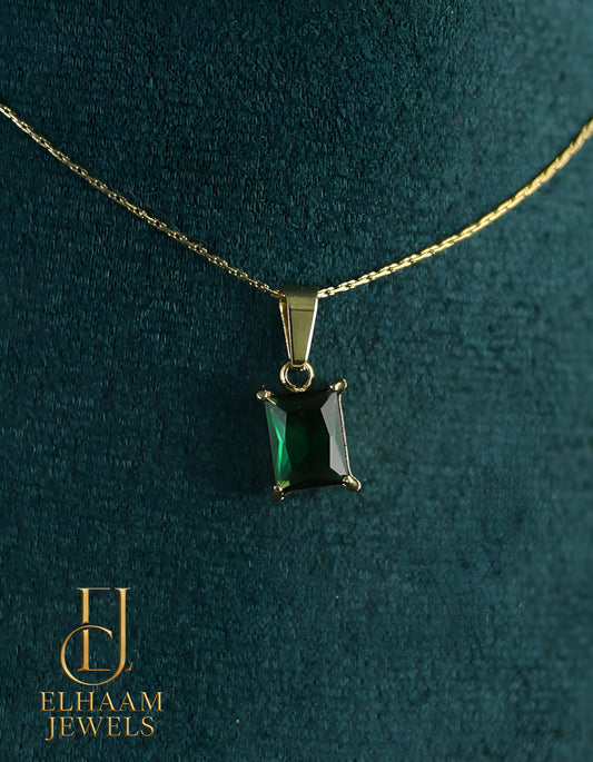 Emerald Cut Green Stone Pendant Necklace and Earring Set (18K Gold Plated)