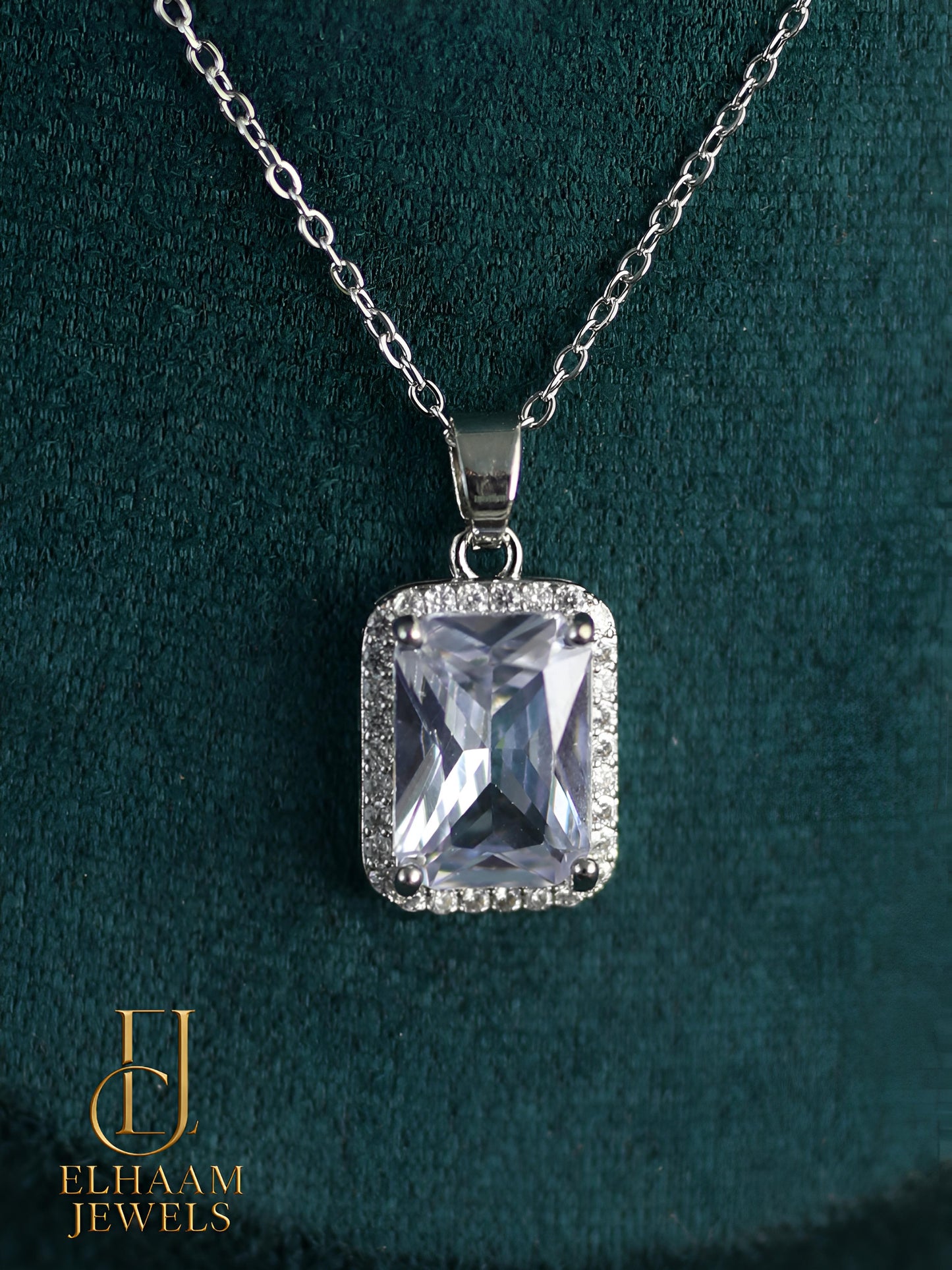 Emerald Cut Halo Solitaire Diamond Necklace and Stud Earring Set