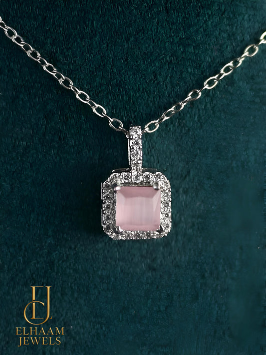 Cushion Cut Pink Solitaire Halo Necklace and Stud Earring Set