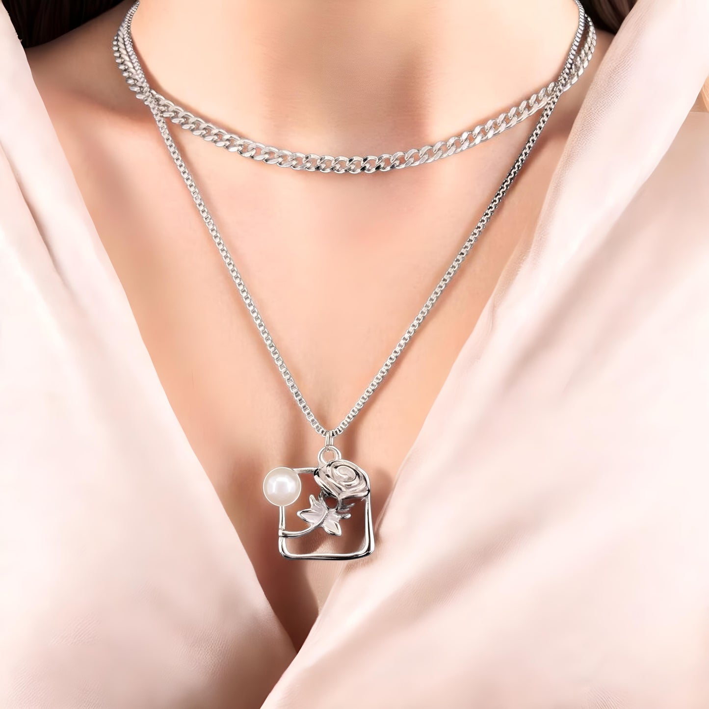 Pearl Rose Silver Plated Pendant Necklace for Women