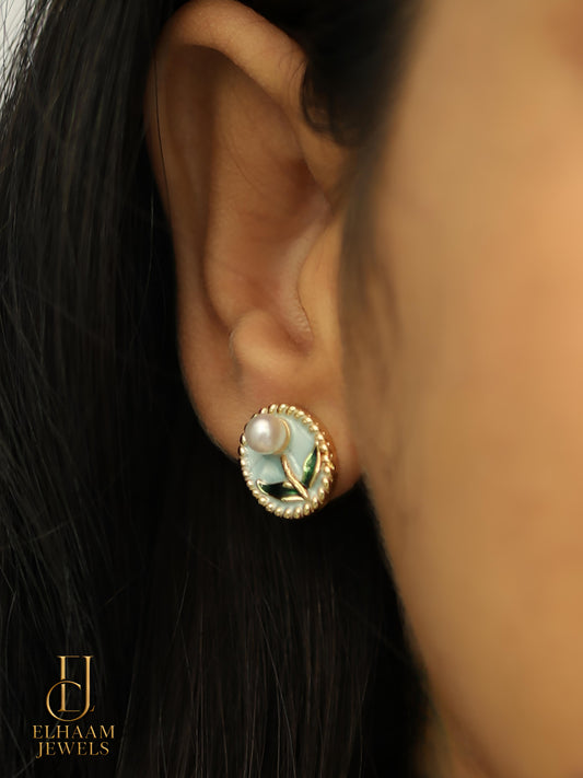 Pearl Flower Stud Earrings for Women – Gold Plated Enamel Design