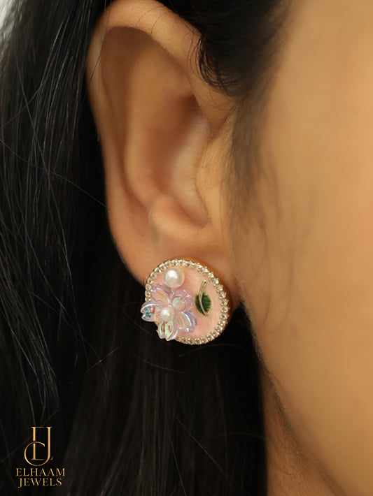 Pink Flower Pearl Stud Earrings