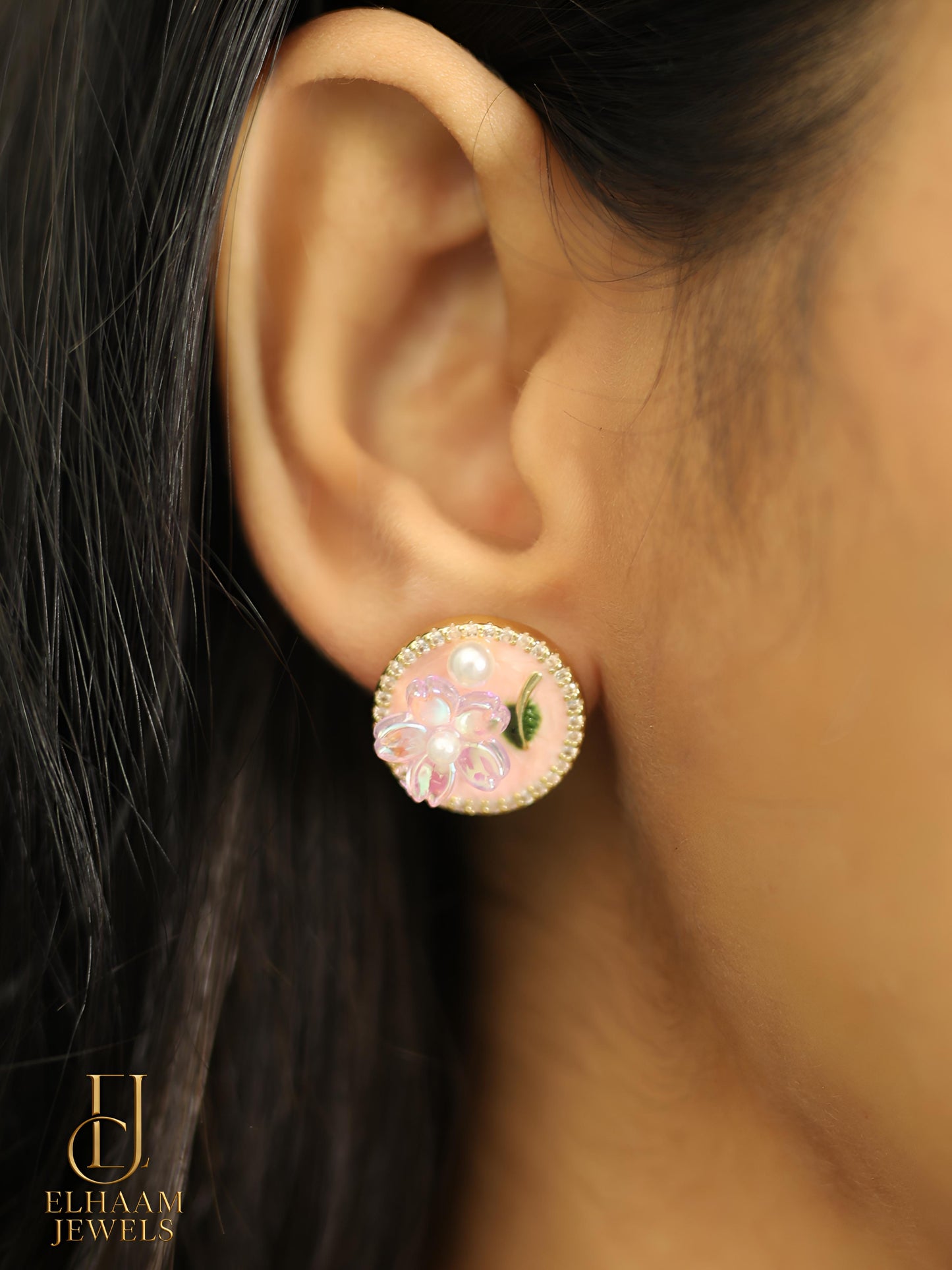 Pink Flower Pearl Stud Earrings