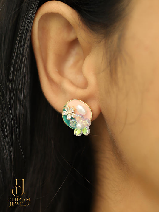 Floral Pearl Stud Earrings for Women – Elegant Enamel Design