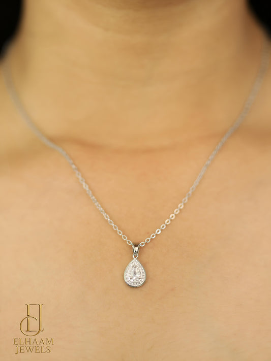 Silver Teardrop Crystal Pendant Necklace by Elhaam Jewels