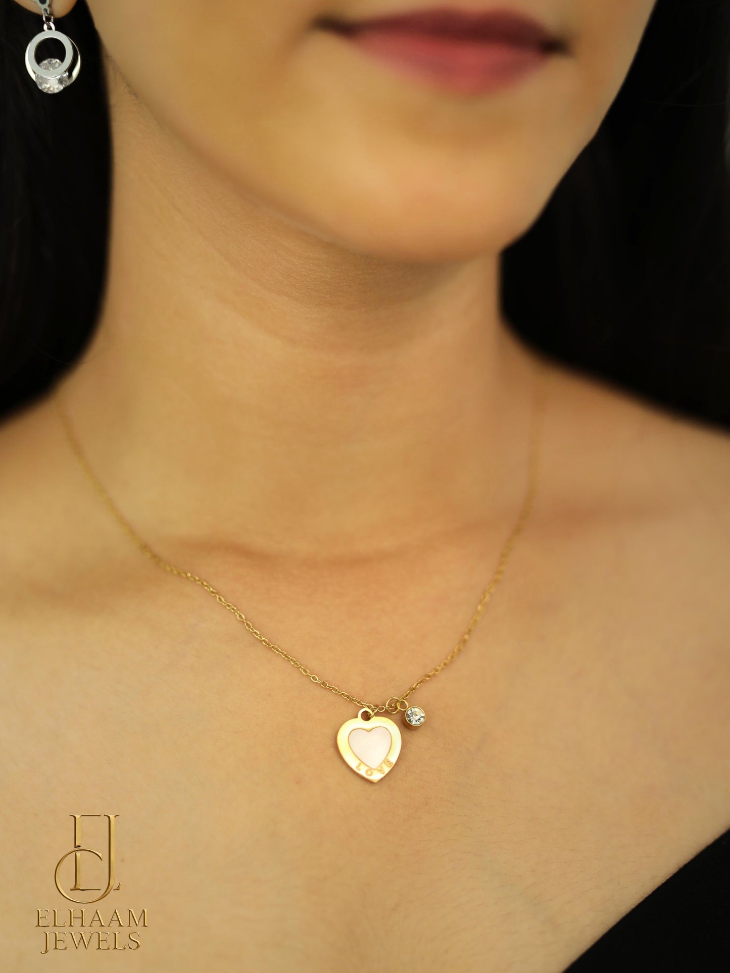 Golden Heart Love Pendant Necklace with Mother of Pearl & Crystal Charm