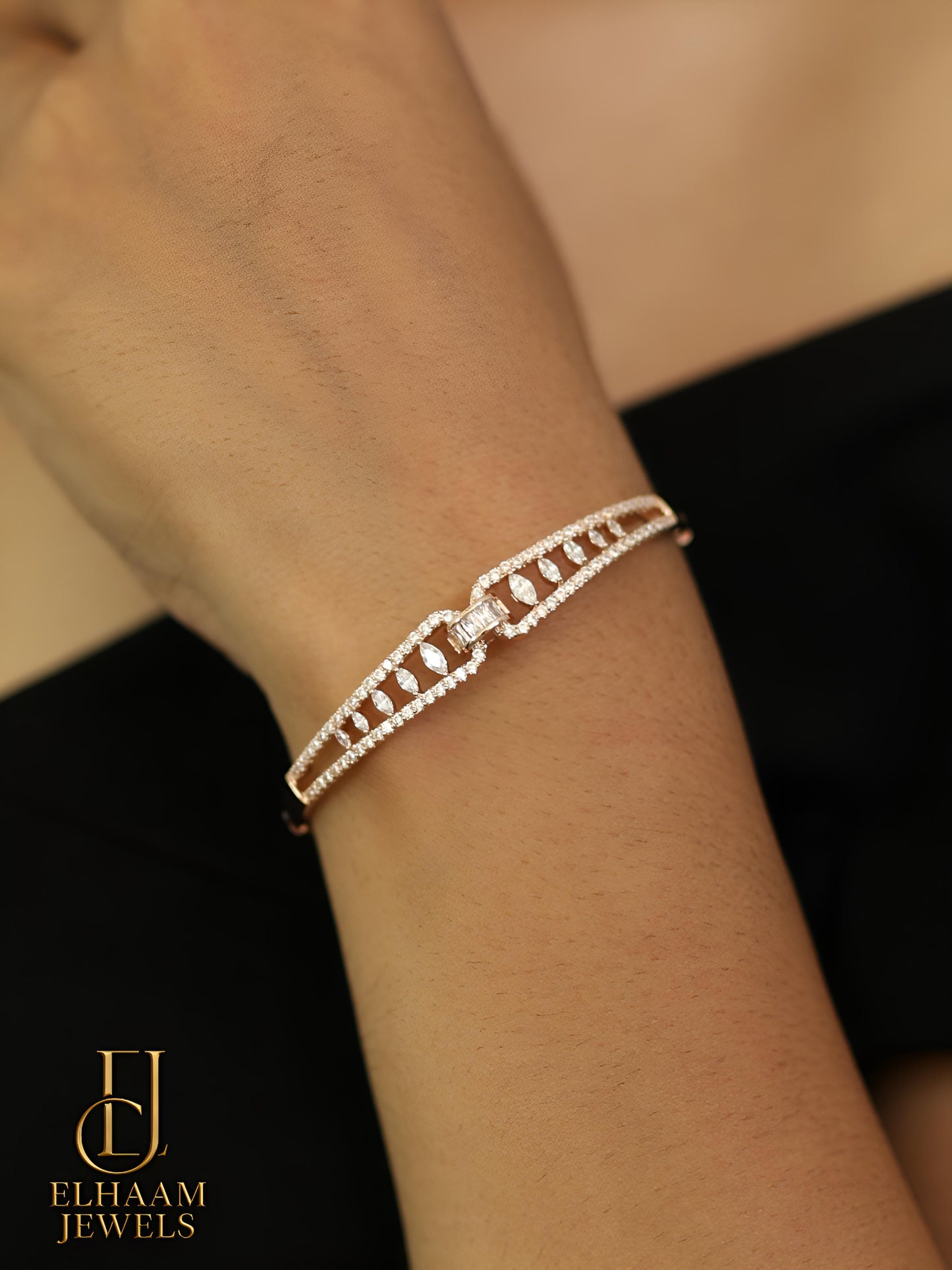 Crystal Shine Dual Band Gold-Plated Bangle by Elhaam Jewels