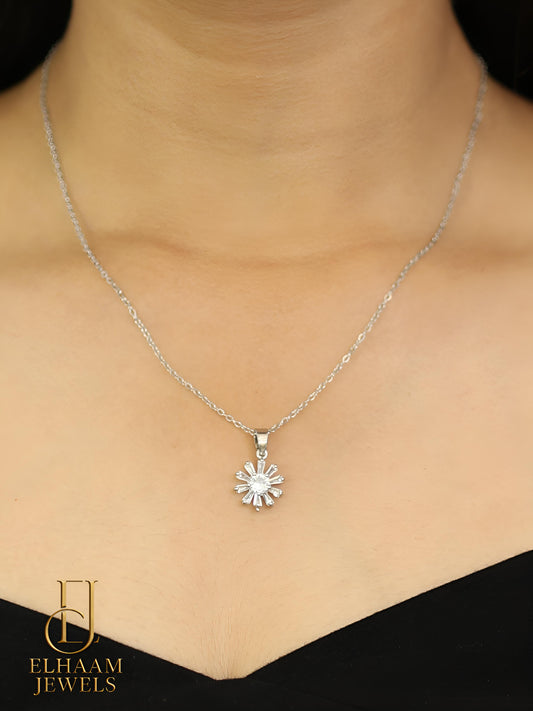 Silver Starburst Pendant Necklace set with Earrings