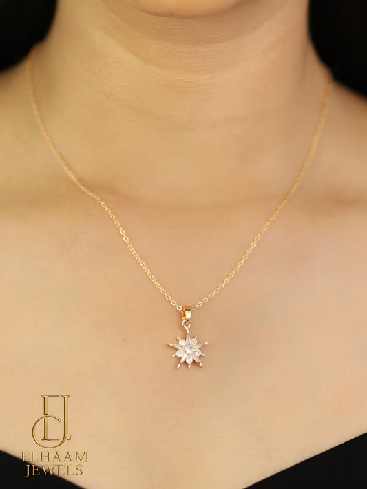 Golden Starburst Pendant Necklace set with Earrings