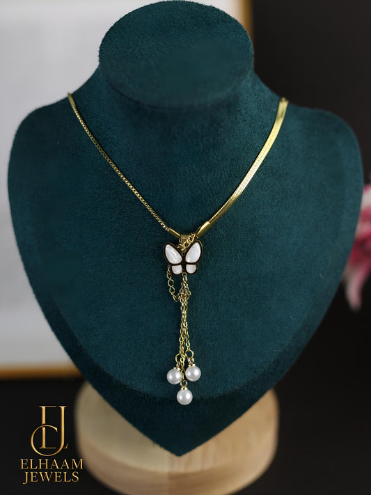 Butterfly Pearl Drop Golden Necklace (18K Gold Plated)