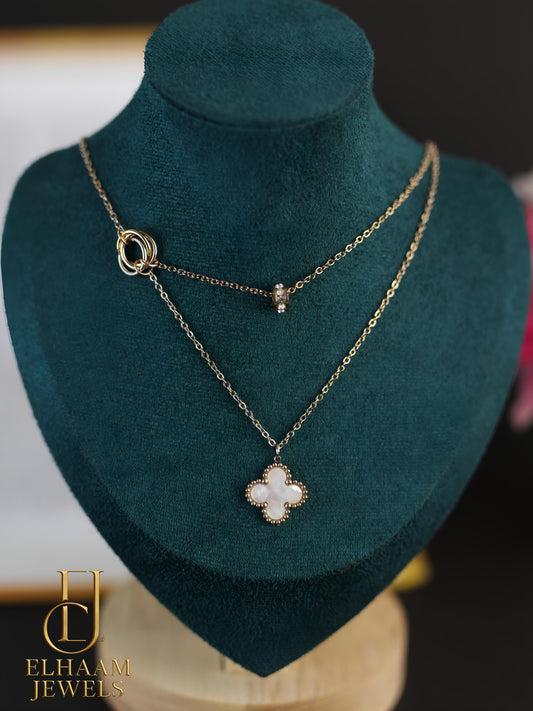 Clover Pendant Dual Chain Gold Plated Necklace | Elhaam Jewels