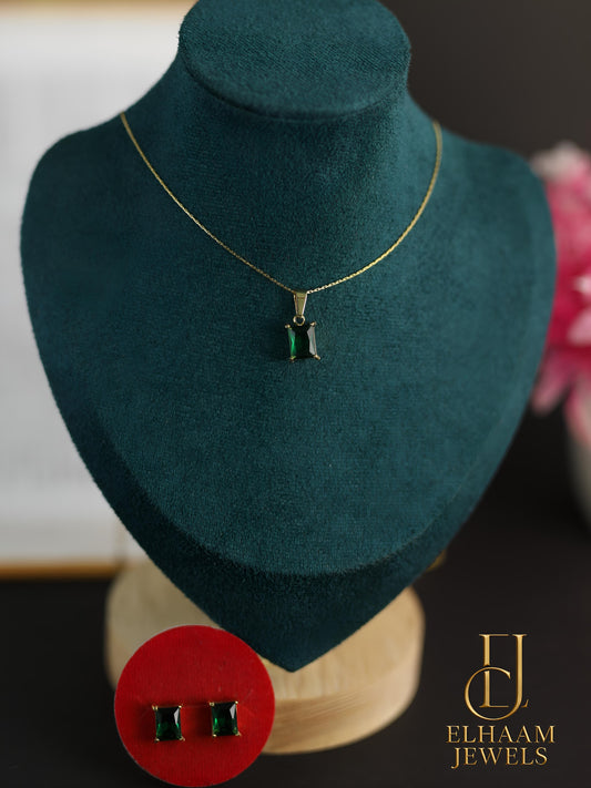 Emerald Cut Green Stone Pendant Necklace and Earring Set (18K Gold Plated)