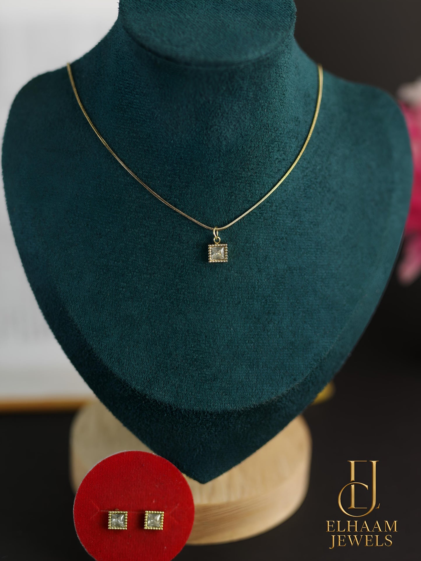 Minimalist Square Solitaire Necklace and Stud Earring Set (18k gold plated)