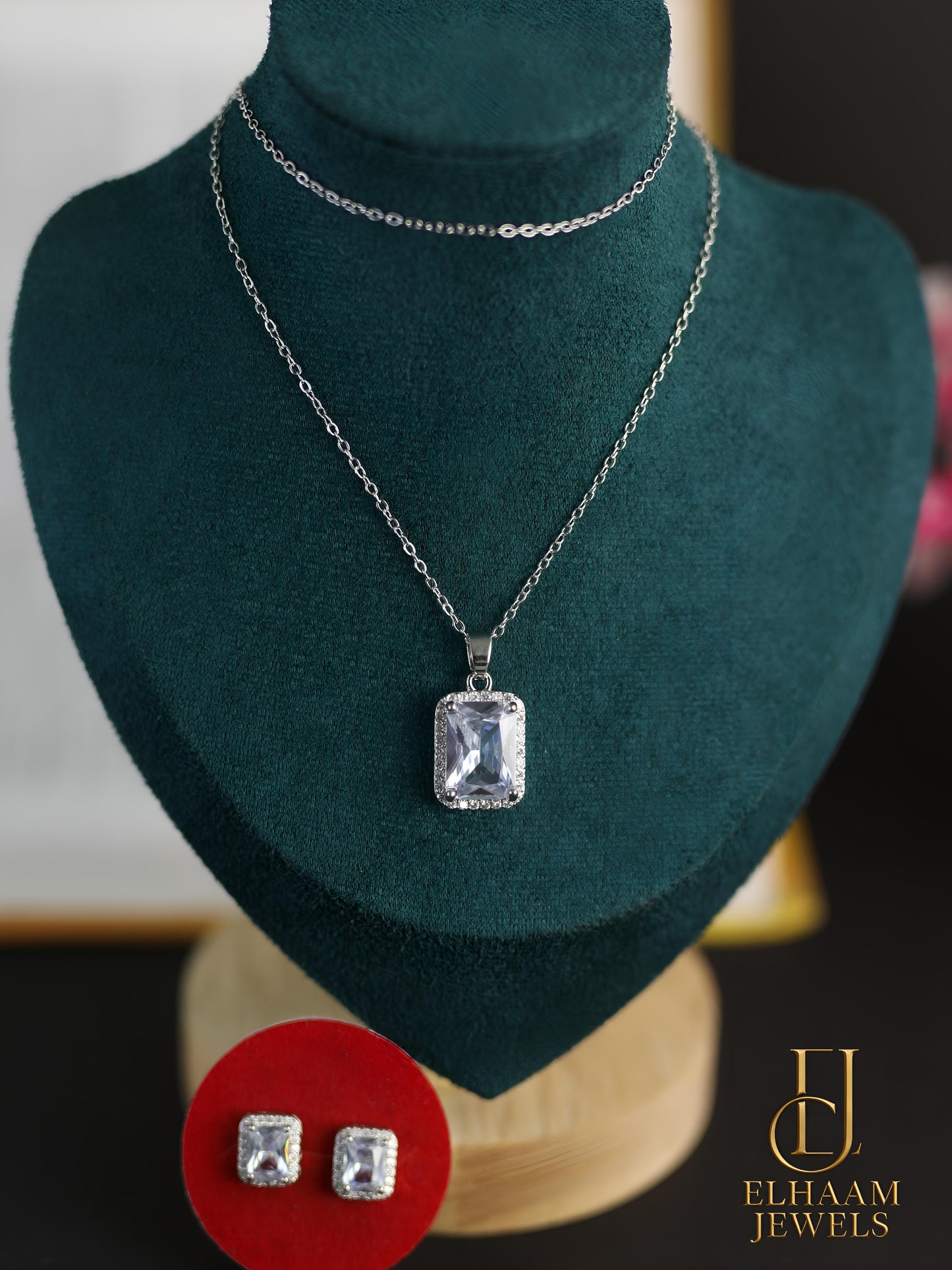 Emerald Cut Halo Solitaire Diamond Necklace and Stud Earring Set