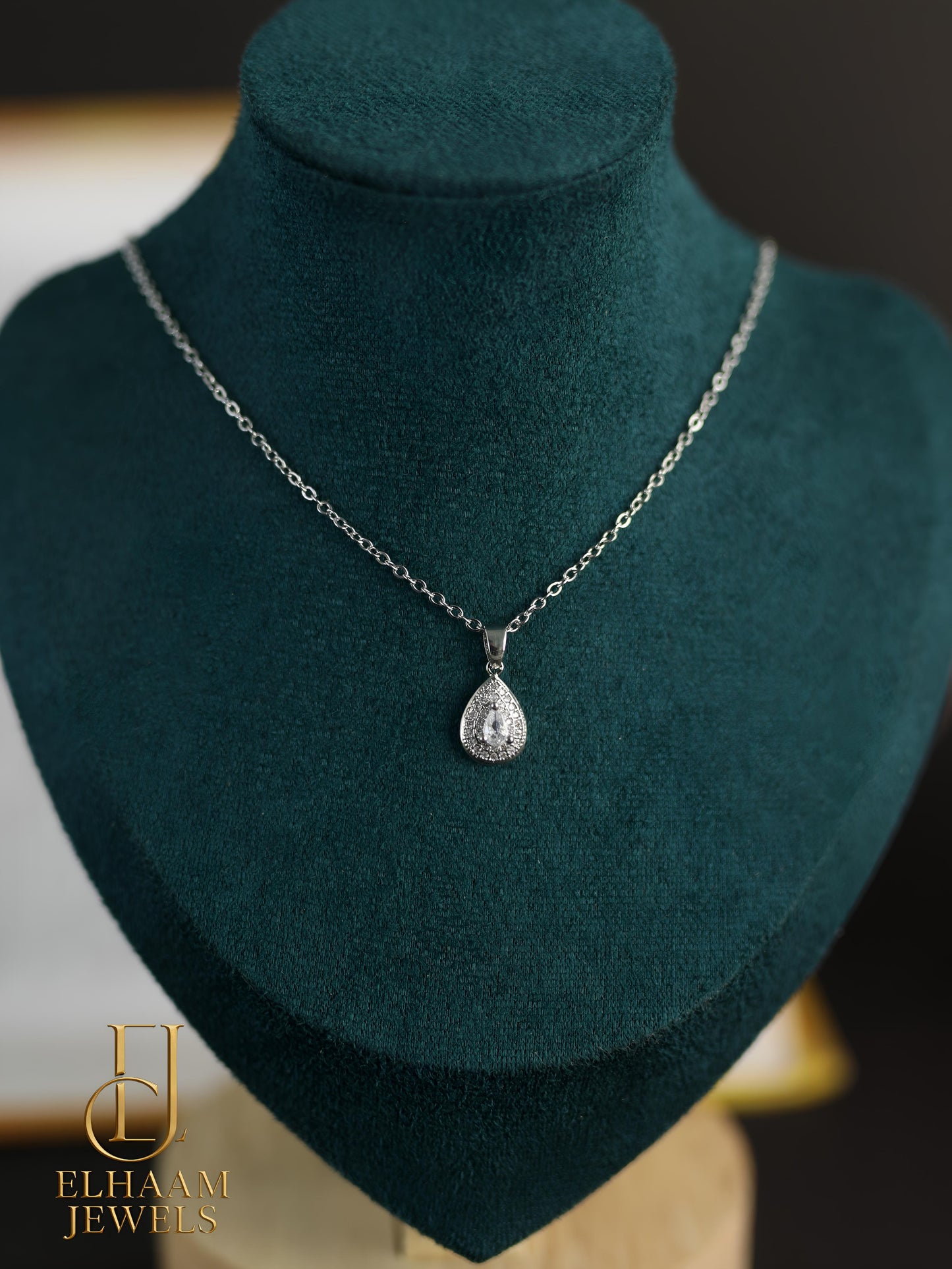 Silver Teardrop Crystal Pendant Necklace by Elhaam Jewels