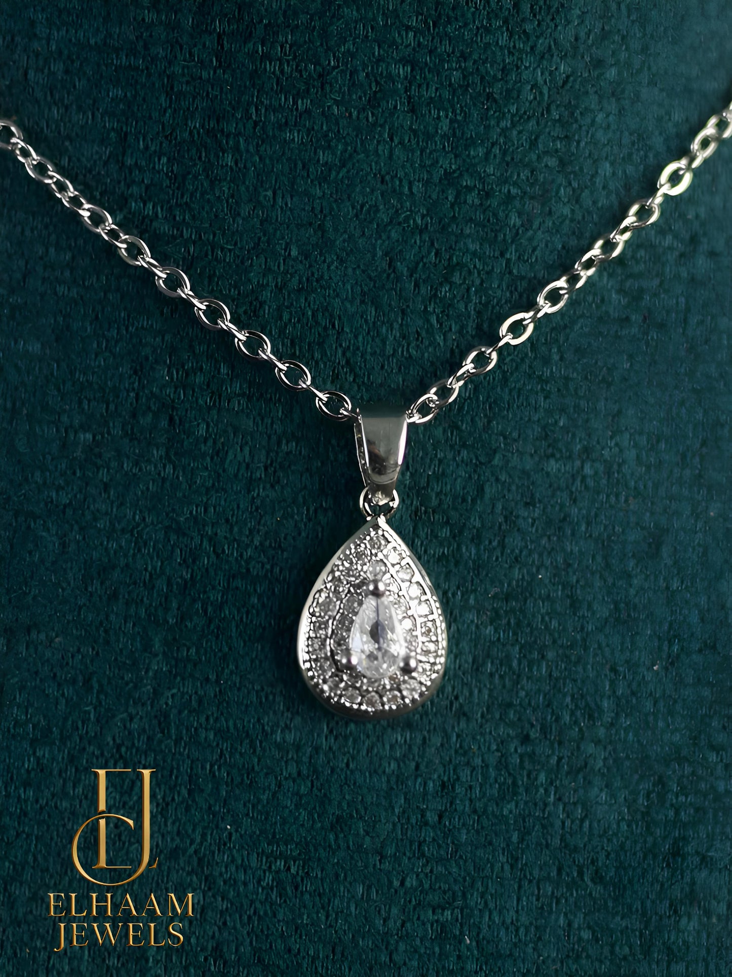 Silver Teardrop Crystal Pendant Necklace by Elhaam Jewels