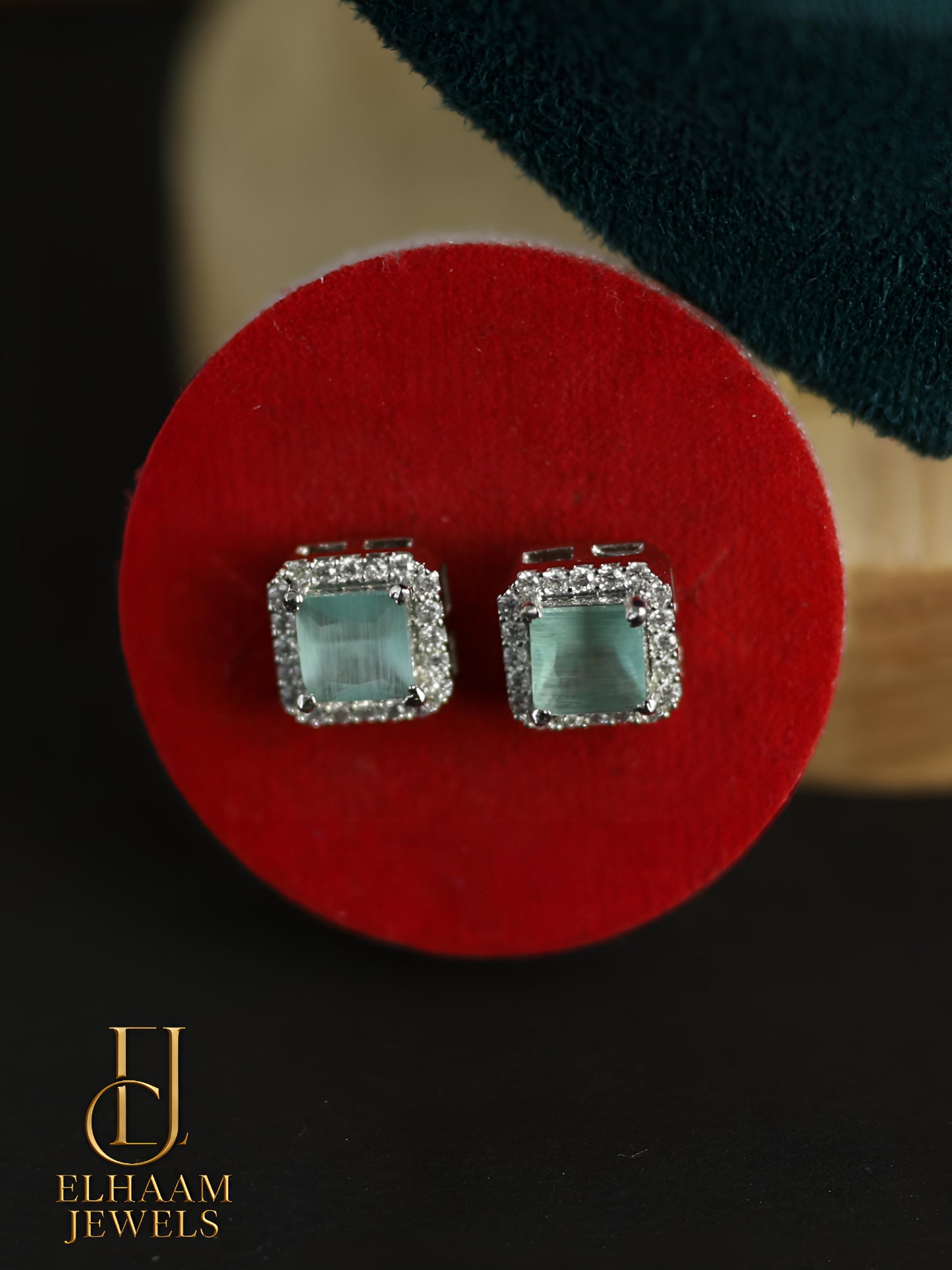 Cushion Cut Mint Green Halo Necklace and Stud Earring Set