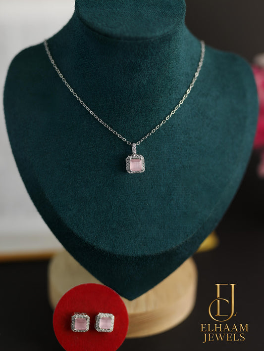 Cushion Cut Pink Solitaire Halo Necklace and Stud Earring Set