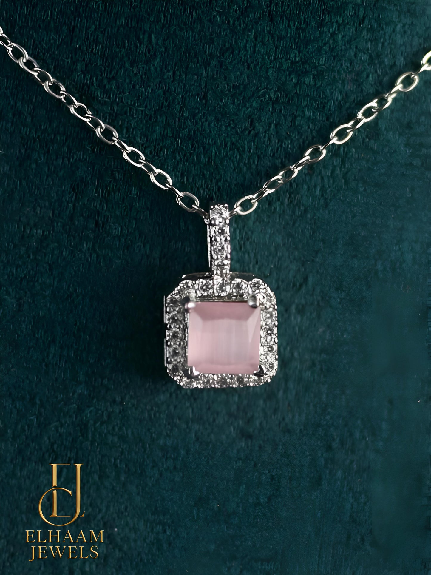 Cushion Cut Pink Solitaire Halo Necklace and Stud Earring Set