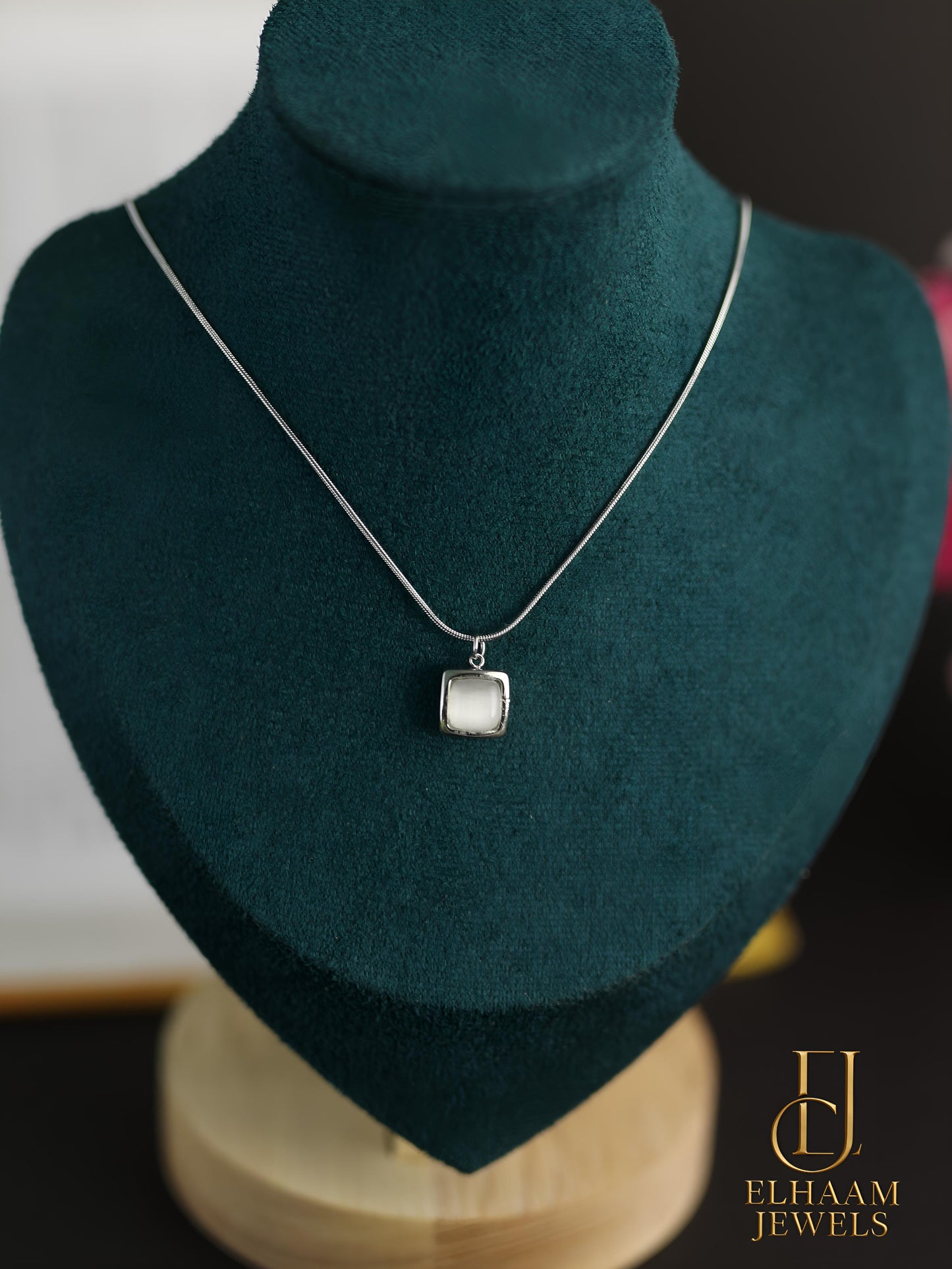 White Opal Square Solitaire Pendant Necklace