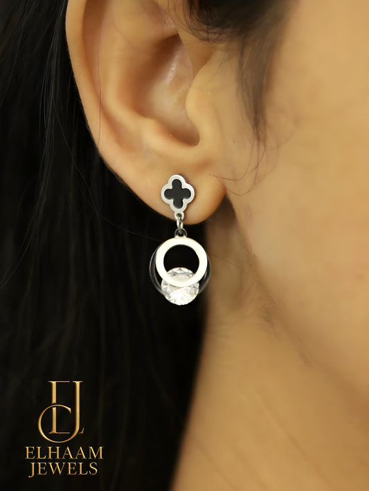 Silver Plated Black Clover Drop Earrings with Crystal Stone